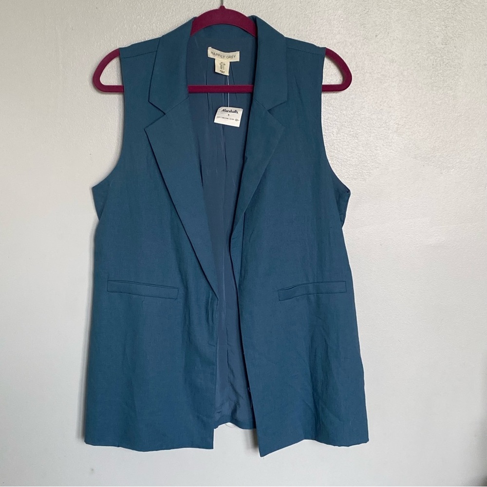 Happily Grey Open Front Sleeveless Blazer Women Size L Blue Linen Blend NEW